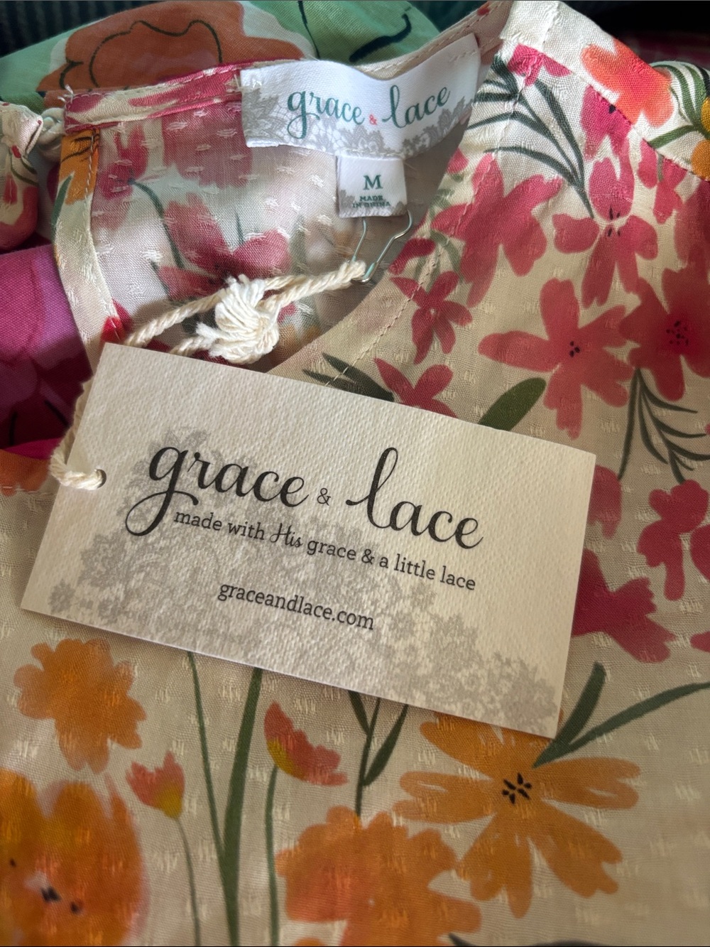Grace & Lace Cream blouse with Coral pink, Orange & Green Floral Print